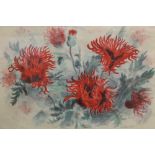 A FRAMED AND GLAZED STILL LIFE LITHOGRAPH OF FLAMING POPPIES, SIGNED LOWER RIGHT, OVERALL HEIGHT