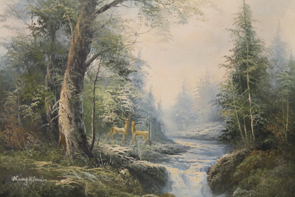 TWO GILT FRAMED OIL ON CANVASES DEPICTING LANDSCAPES ONE WITH DEER, BOTH INDISTINCTLY SIGNED - Image 3 of 3