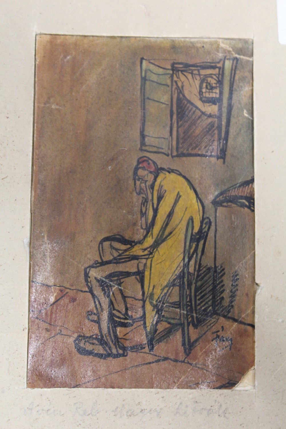 AN UNFRAMED MIXED MEDIA STUDY OF AN INTERIOR SCENE WITH SEATED GENTLEMAN SIGNED FAY LOWER RIGHT