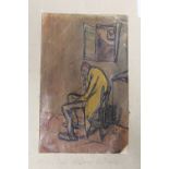AN UNFRAMED MIXED MEDIA STUDY OF AN INTERIOR SCENE WITH SEATED GENTLEMAN SIGNED FAY LOWER RIGHT