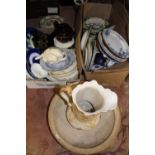 TWO TRAYS OF ASSORTED CERAMICS TO INCLUDE TEAPOTS, TOGETHER WITH A CROWN DUCAL LOUIS JUG AND BOWL