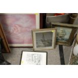A COLLECTION OF OIL PAINTINGS AND PRINTS TO INCLUDE AN OIL ON CANVAS OF A SAIL SHIP TOGETHER WITH