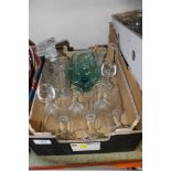 THREE TRAYS OF ASSORTED GLASSWARE TO INCLUDE A PRESSED GLASS DECANTER
