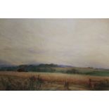 A FRAMED AND GLAZED WATERCOLOUR OF A RURAL LANDSCAPE SIGNED LOWER LEFT WIGGINGTON, SIZE - 69 CM BY