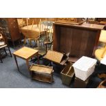 A STICKBACK ROCKING CHAIR , TIN BOX. PAPER RACK. OCCASIONAL TABLE ETC (8)