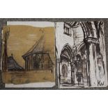 AFTER JOHN KYFFIN WILLIAMS - TWO UNFRAMED MIXED MEDIA PICTURES OF BUILDINGS INITIALLED KW LOWER