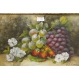 A VINTAGE FRAMED AND GLAZED STILL LIFE OIL PAINTING OF FRUIT SIGNED E. J. LUME? LOWER RIGHT