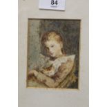 A SMALL GILT FRAMED AND GLAZED WATERCOLOUR OF A YOUNG GIRL WITH HER CAT, SIZE - 10 CM X 89 CM