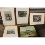 FOUR FRAMED AND GLAZED COLOURED ENGRAVINGS, TOGETHER WITH AN OIL ON CANVAS OF A BARN (5)