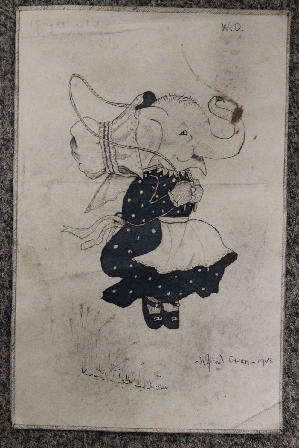 AN UNFRAMED NOVELTY PEN AND INK DRAWING OF AN ELEPHANT SIGNED WILFRED OWEN 1908 LOWER RIGHT SIZE- - Image 2 of 3