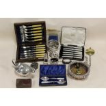 A BOX OF ASSORTED METALWARE TO INCLUDE VINTAGE COINS, SILVER PLATED CRUET SET ETC.