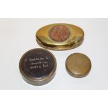 A VINTAGE BRASS SNUFF BOX WITH PENNY INSERT TO LID, TOGETHER WITH A STUD BOX AND A VINTAGE