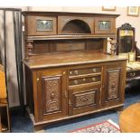 AN EARLY 20TH CENTURY MAHOGANY LEADED/ GLAZED CARVED SIDEBOARD W-168 CM S/D