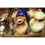 A BOX OF VICTORIAN STYLE TWIN HANDLED VASES ETC.