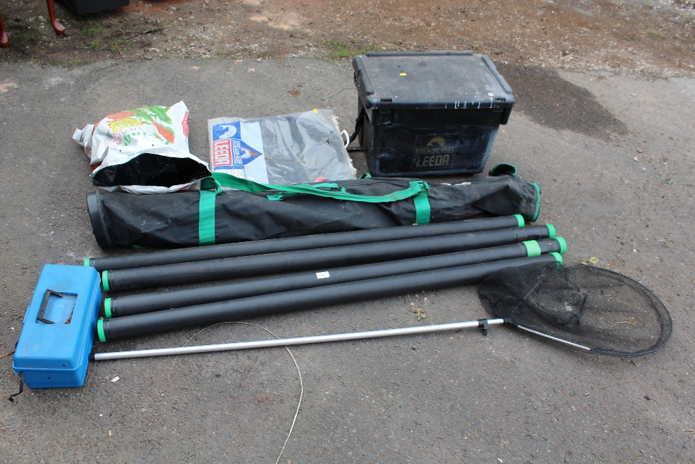 A QUANTITY OF FISHING EQUIPMENT AND RODS TO INCLUDE VINTAGE HEX CANE ROD, D.A.M RODS AND A