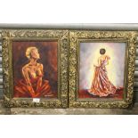 A PAIR OF GILT FRAMED OIL ON BOARD FIGURE STUDIES OF LADIES SIGNED CAROL SIEWEKE (SOUTH AFRICAN