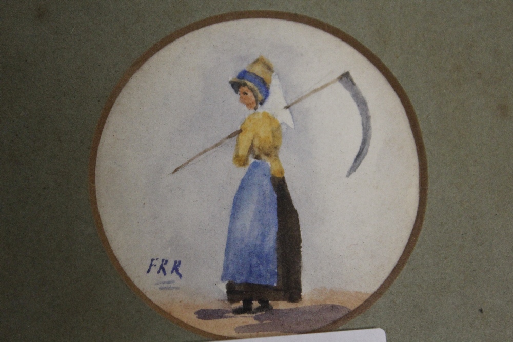 FOUR ASSORTED PICTURES TO INCLUDE A SMALL WATERCOLOUR OF A LADY HOLDING A SCYTHE, WATERCOLOUR OF A - Image 2 of 5