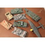 A BOX OF ARMY RELATED DINKY TOYS ETC.