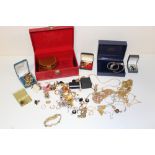 TWO BOXES OF COSTUME JEWELLERY AND CUFF LINKS TO INCLUDE SILVER AND YELLOW METAL EARRINGS