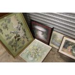 A COLLECTION OF PICTURES AND PRINTS TO INCLUDE A GILT FRAMED ANTIQUE STYLE PRINT A/F, BEVEL EDGED