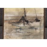 A FRAMED OIL ON CANVAS OF AN IMPRESSIONIST HARBOUR SCENE WITH SAILING VESSELS INDISTINCTLY SIGNED