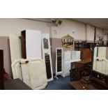 A QUANTITY OF WHITE MODERN BEDROOM FURNITURE - TRIPLE WARDROBE (FLATPACK), CHEVAL MIRROR, DRESSING