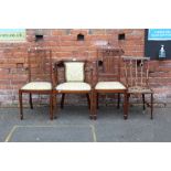 AN EDWARDIAN MAHOGANY UPHOLSTERED ARMCHAIR WITH A PAIR OF SIMILAR CHAIRS AND ONE ART NOUVEAU
