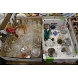 TWO TRAYS OF ASSORTED GLASSWARE TO INCLUDE PAPERWEIGHTS, WEDGWOOD CRYSTAL ETC