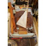 A SMALL TRAY OF TREEN TO INCLUDE A VINTAGE BOWMAN RACING YACHT