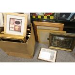 A BOX OF PICTURES AND PRINTS TO INCLUDE WATERCOLOURS