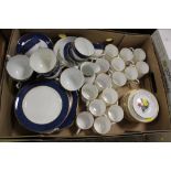 A TRAY OF ROYAL WORCESTER COFFEE CUPS AND SAUCERS, LAWLEY'S BLUE AND WHITE CHINA ETC