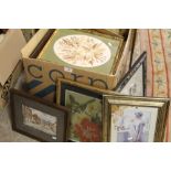 A BOX OF ASSORTED PICTURES, PRINTS AND FRAMES TO INCLUDE PENCIL DRAWINGS OF DOGS AND CATS,