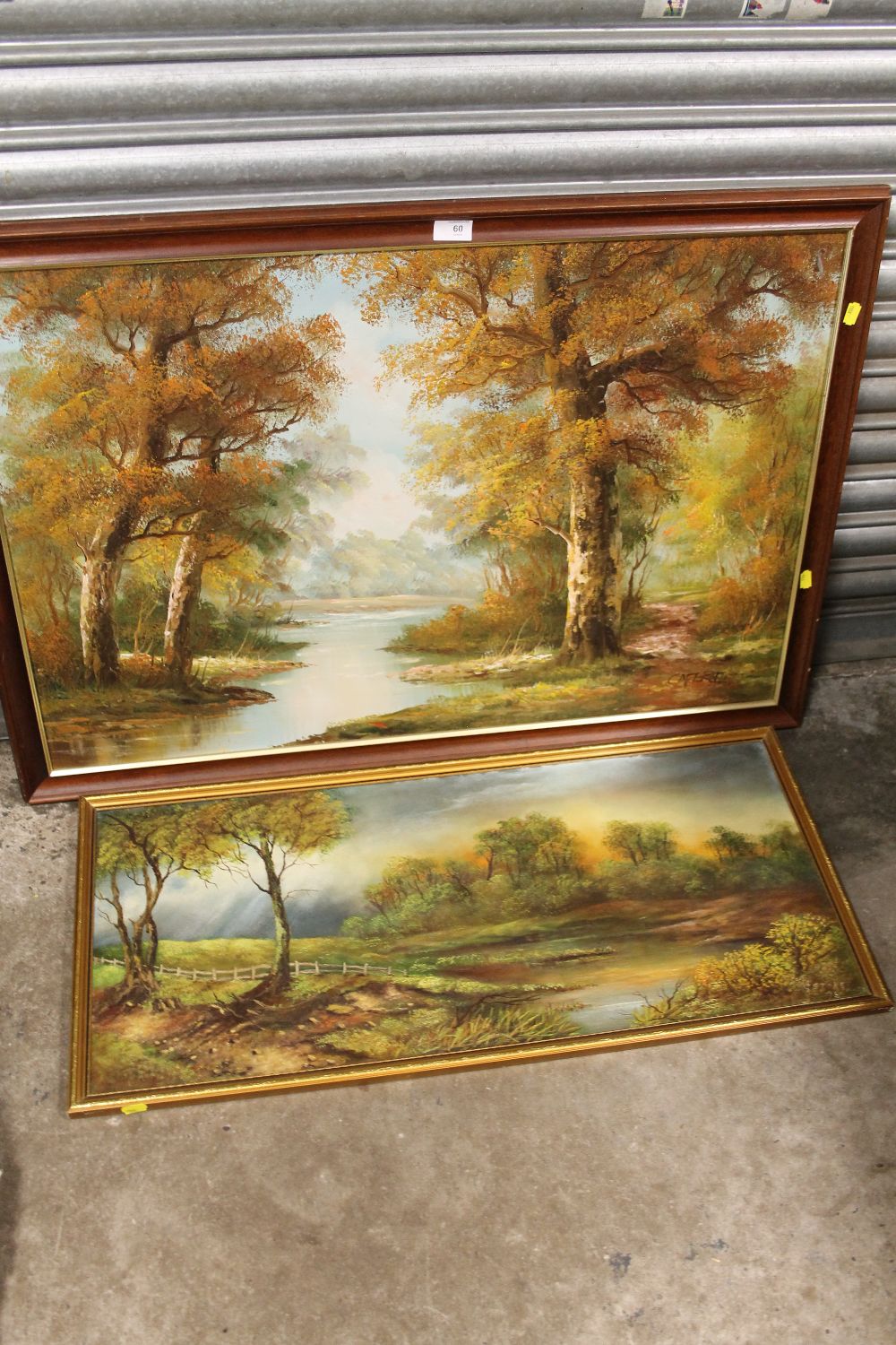 A LARGE FRAMED OIL ON CANVAS OF A WOODED RIVER LANDSCAPE SIGNED CAFEIRI, TOGETHER WITH A FRAMED