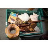 A TRAY OF MOSTLY TREEN TO INCLUDE AN EMPTY CUTLERY CANTEEN, SPEAR HEAD, SHELLS ETC