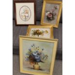 A FRAMED OIL ON CANVAS STILL LIFE STUDY ENTITLED BLUE DAISIES BY F HINETT, TOGETHER WITH TWO
