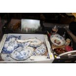 THREE TRAYS OF CERAMICS AND GLASSWARE TO INCLUDE CARLTONWARE, BLUE AND WHITE DINNERWARE CUT GLASS