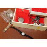 A JEWELLERY BOX CONTAINING WRIST AND POCKET WATCHES TO INCLUDE DIVER'S STYLE WATCHES