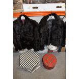TWO HAT BOXES AND CONTENTS TOGETHER WITH A FUR JACKET AND A FAUX FUR EXAMPLE
