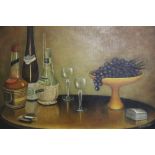 A FRAMED OIL ON BOARD OF A TABLE TOP STILL LIFE STUDY SIGNED A GODFREY LOWER RIGHT SIZE - 59CM X