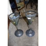 A PAIR OF MODERN GLASS CONICAL VASES ON METAL STANDS - H 49 CM