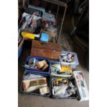 A LARGE QUANTITY OF TOOLS AND PARTS TO INCLUDE PIPE FITTINGS, TOOL BOX ETC