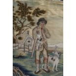 A 19TH CENTURY HAND STITCHED WOOL/SILKWORK LAID ON CANVAS DEPICTING A MAN WITH A DOG SIZE-43CM X