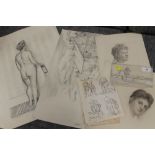 A QUANTITY OF UNFRAMED PENCIL SKETCHES AND PRINTS OF ASSORTED SUBJECTS AND ARTISTS TO INCLUDE