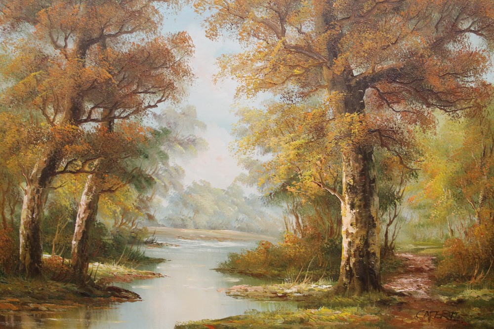 A LARGE FRAMED OIL ON CANVAS OF A WOODED RIVER LANDSCAPE SIGNED CAFEIRI, TOGETHER WITH A FRAMED - Image 2 of 3