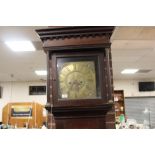 AN ANTIQUE OAK BRASS FACED LONGCASE CLOCK WITH 8 DAY MOVEMENT - J. JARVES - DALTON TWO WEIGHTS - A/