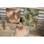 THREE UNFRAMED ABSTRACT COMPOSITION OIL PAINTINGS