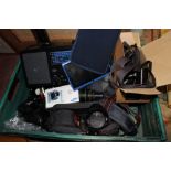 A BOX OF ASSORTED CAMERAS AND ELECTRICALS TO INCLUDE PANASONIC DMC-FZ28
