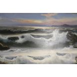 A LARGE GILT FRAMED OIL ON CANVAS OF A SEASCAPE OF CRASHING WAVES SIGNED LOWER RIGHT SANGIO,