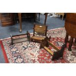 A SMALL ANTIQUE MAHOGANY DRESS MIRROR W- CM WITH TWO SMALL BOOK TROUGHS (3)