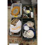 FOUR TRAYS OF ASSORTED CERAMICS ETC TO INCLUDE A PAIR OF STAFFORDSHIRE STYLE FLATBACK ZEBRA FIGURES,